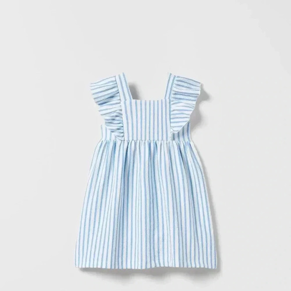 Zara Printed Jacquard Dress blue white stripe ruffle sleeve  12-18months - Picture 1 of 5